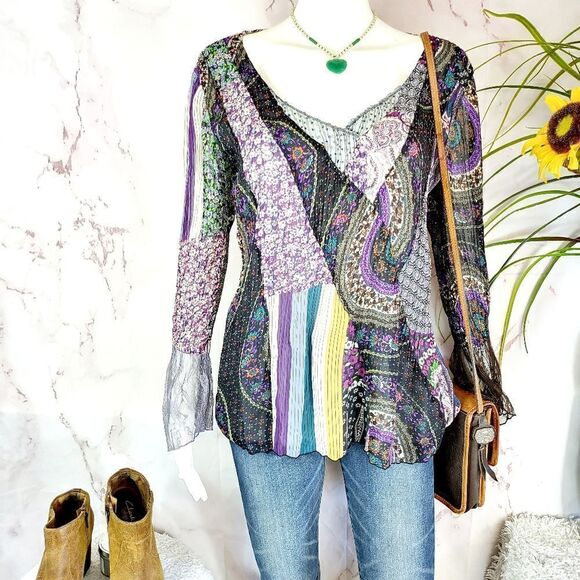 Lindi Tops - Lindi silk colorful patchwork top
